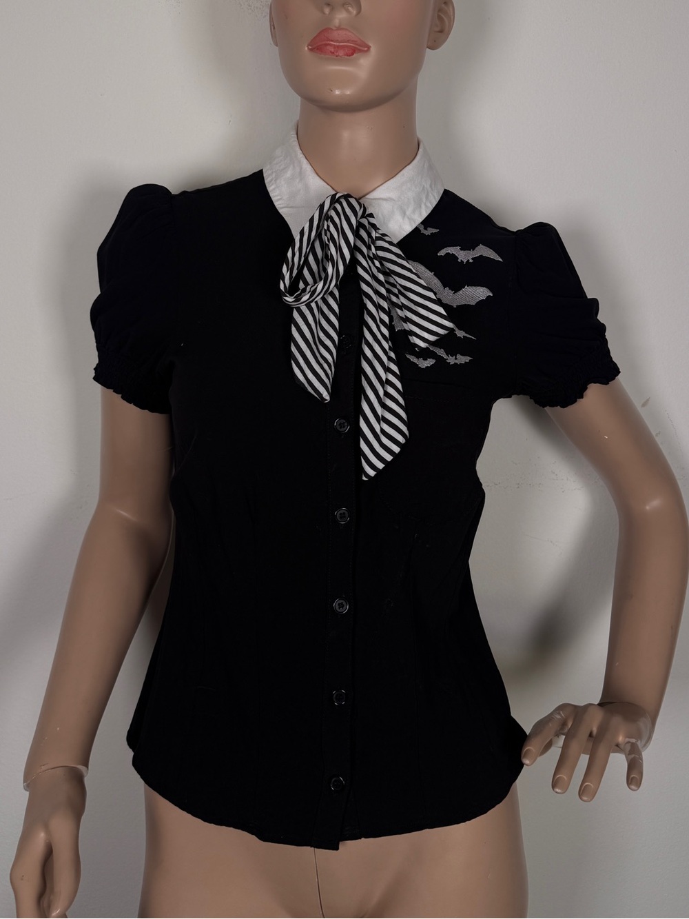 Hell Bunny Black Button-Front Puff Sleeve Top with bats and Striped Bow